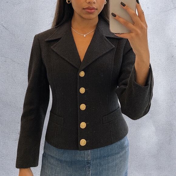 Vintage 90s The Limited Black Wool Gold Button Cropped Blazer Medium